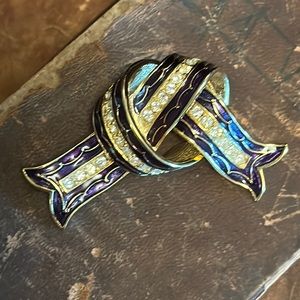 Vintage Joan Rivers Prussian Blue Enamel Rhinestone Ribbon Brooch